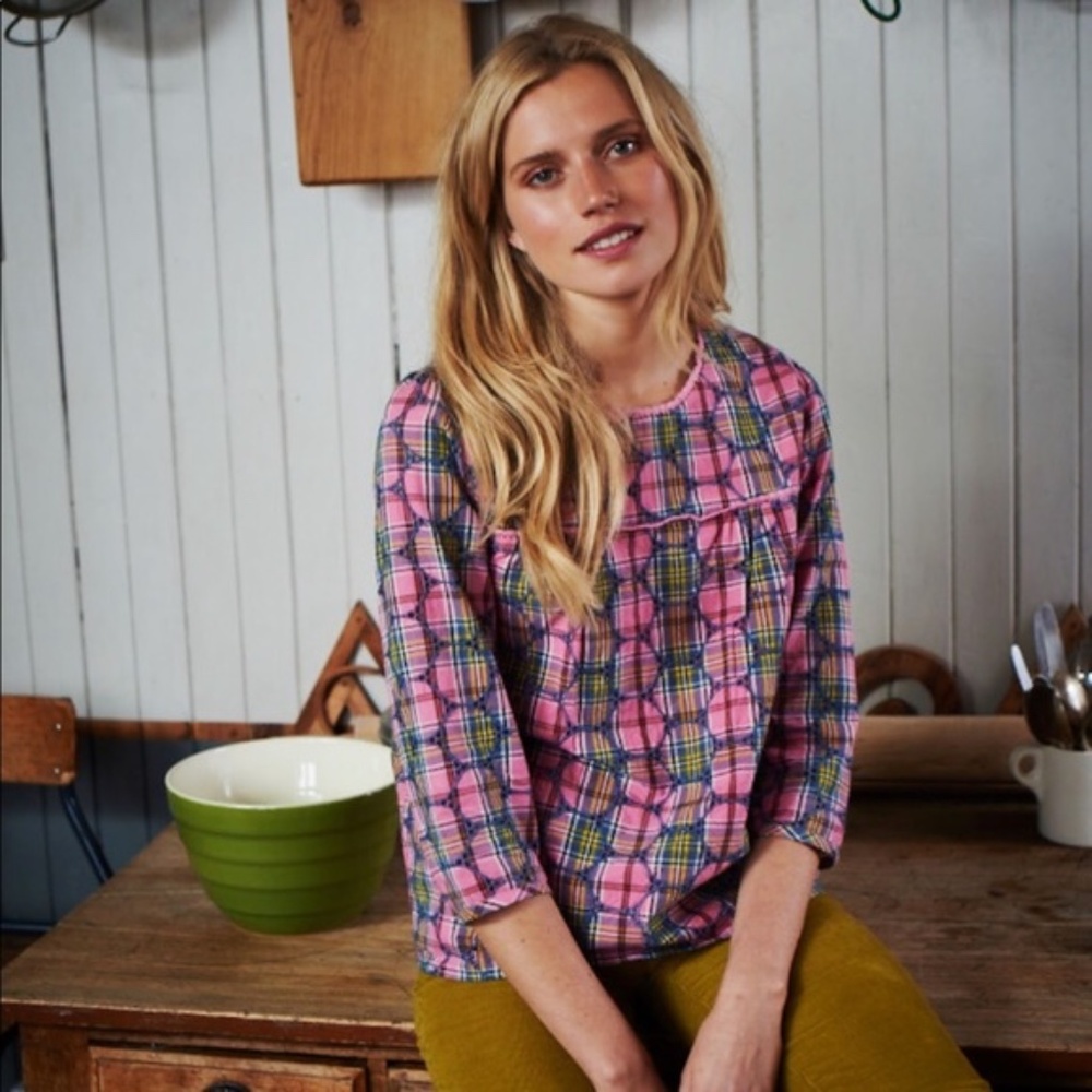 Boden Plaid Cotton Eyelet Charlotte top